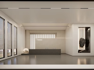 Modern Minimalist Store Front Desk Interior With Marble Counter And Large Windows 3d model