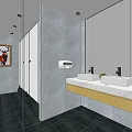 Modern Public Restroom Interior With Gray Walls Black Floor Sink And Decorative Paintings