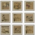 Traditional Chinese Paintings With Birds And Flowers On Beige Framed Background