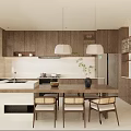 Modern Restaurant Kitchen Interior With Wooden Cabinets Island Counter Hanging Lights And Dining Chairs