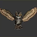 Flying Animal Owl With Spread Wings And Detailed Feathers On Gray Background