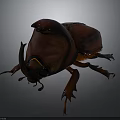 Detailed 3D Rendered Rhinoceros Beetle In Reddish Brown With Large Horn On Gray Background