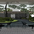 Modern Outdoor Courtyard With Lush Greenery Trees Stone Path And Seating