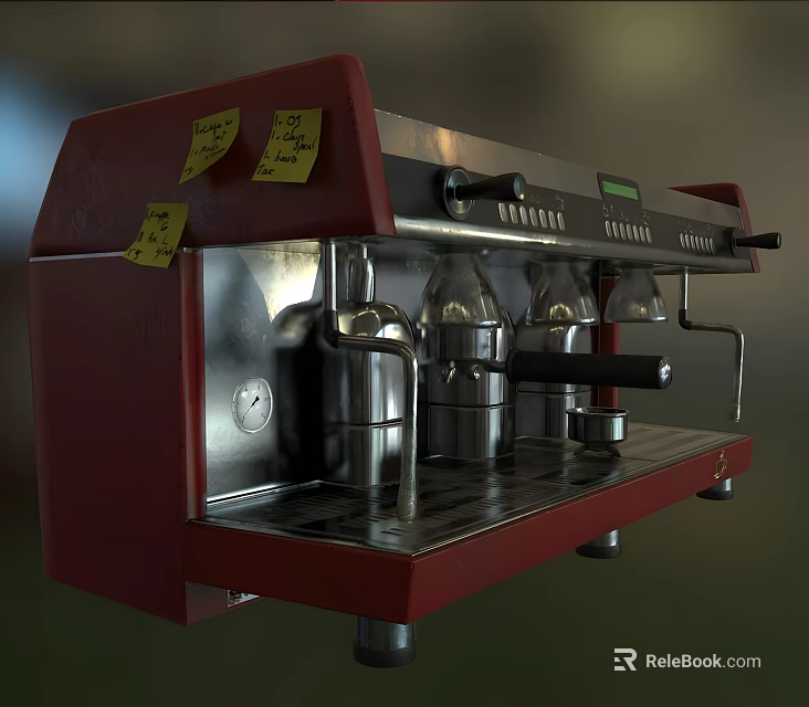 Red Coffee Machine with Silver Accents and Yellow Notes in Modern Kitchen 3d model
