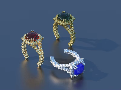 Luxury Jewelry Rings With Red Green Blue Gemstones In Gold Silver Settings 3d model