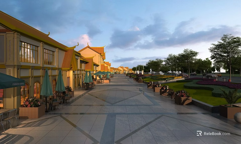 Traditional Chinese Commercial Street With Yellow Roofs Green Umbrellas And Outdoor Dining Areas 3d model 