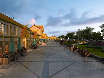 Traditional Chinese Commercial Street With Yellow Roofs Green Umbrellas And Outdoor Dining Areas 3d model