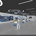 Showroom Interior With Product Display Blue Background White Counters And Human Models 3d model