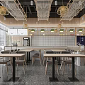 Modern Restaurant Interior With Wooden Cabinets Pendant Lights And Plants