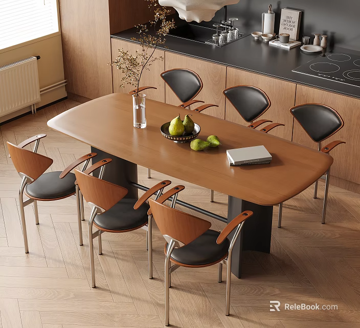 Modern Dining Table Set With Wooden Top And Six Black Leather Chairs 3d model 