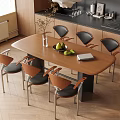 Modern Dining Table Set With Wooden Top And Six Black Leather Chairs