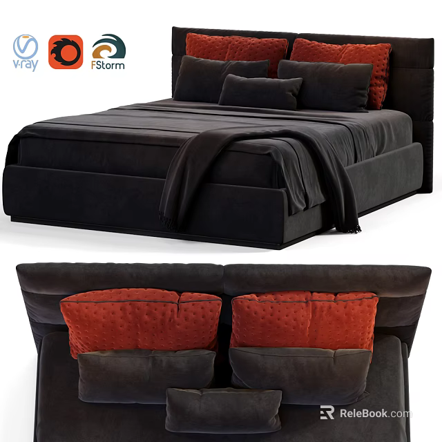Velvet Upholstered Dark Double Bed With Red Pillows And Dark Blanket 3d model 