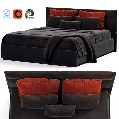 Velvet Upholstered Dark Double Bed With Red Pillows And Dark Blanket 3d model