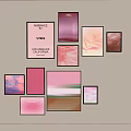 Gallery Wall with Various Sized Frames Pink Red Beige Tones Art Prints and Text Elements 3d model
