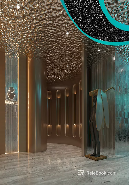 Modern Elevator Lobby Design With Golden Textured Ceiling And Teal Accent Lighting 3d model