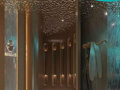 Modern Elevator Lobby Design With Golden Textured Ceiling And Teal Accent Lighting 3d model