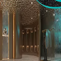Modern Elevator Lobby Design With Golden Textured Ceiling And Teal Accent Lighting 3d model