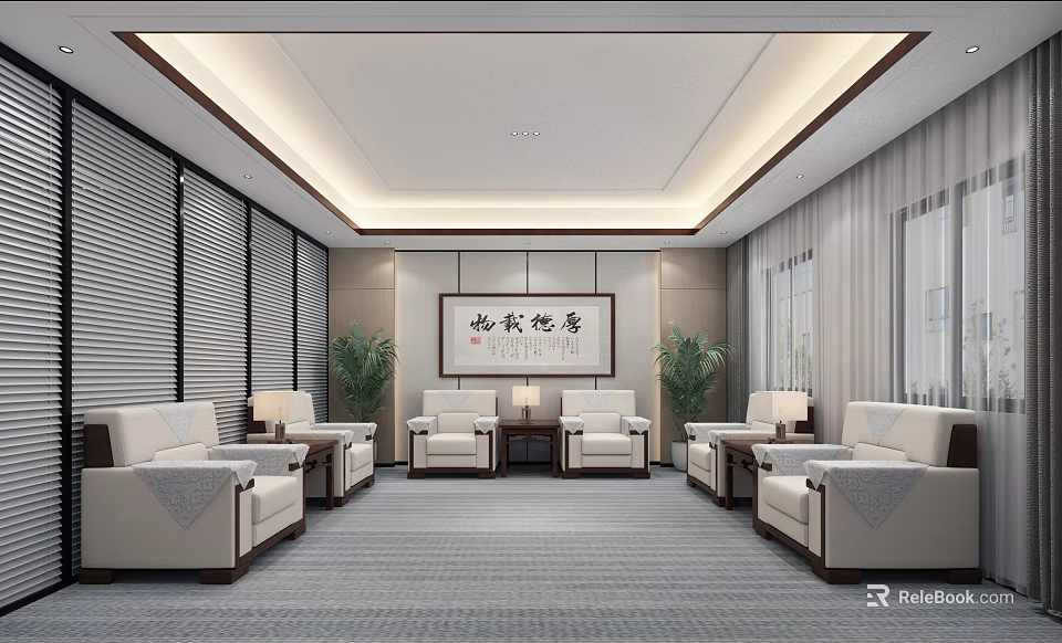Chinese Style Hotel Public Lounge Area With Sofas Coffee Tables Potted Plants And Calligraphy Decor 3d model 