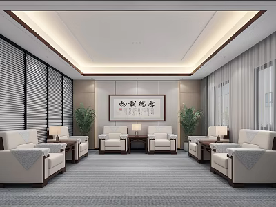 Chinese Style Hotel Public Lounge Area With Sofas Coffee Tables Potted Plants And Calligraphy Decor 3d model