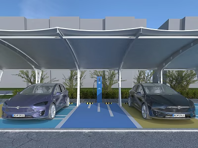 Electric Vehicle Charging Station With Two Cars Charging Under Solar Canopy And Green Plants 3d model