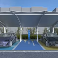 Electric Vehicle Charging Station With Two Cars Charging Under Solar Canopy And Green Plants