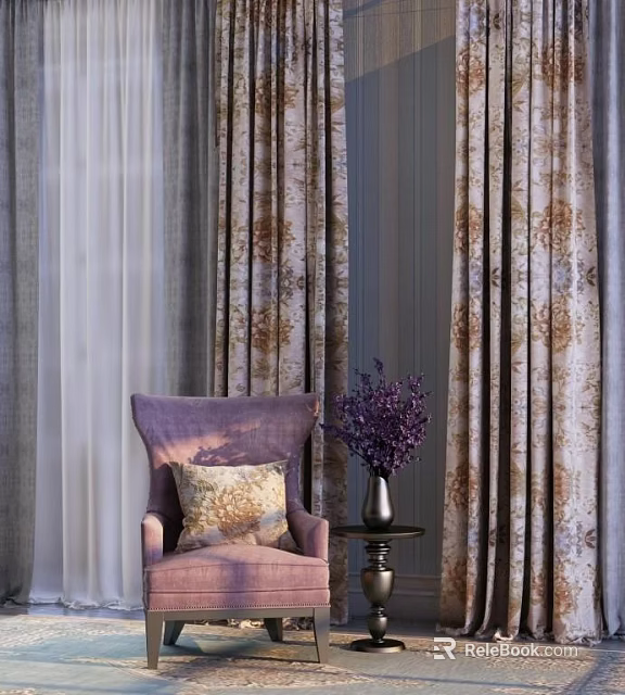 Purple Accent Chair with Side Table Holding Purple Flowers against Patterned Curtains 3d model 