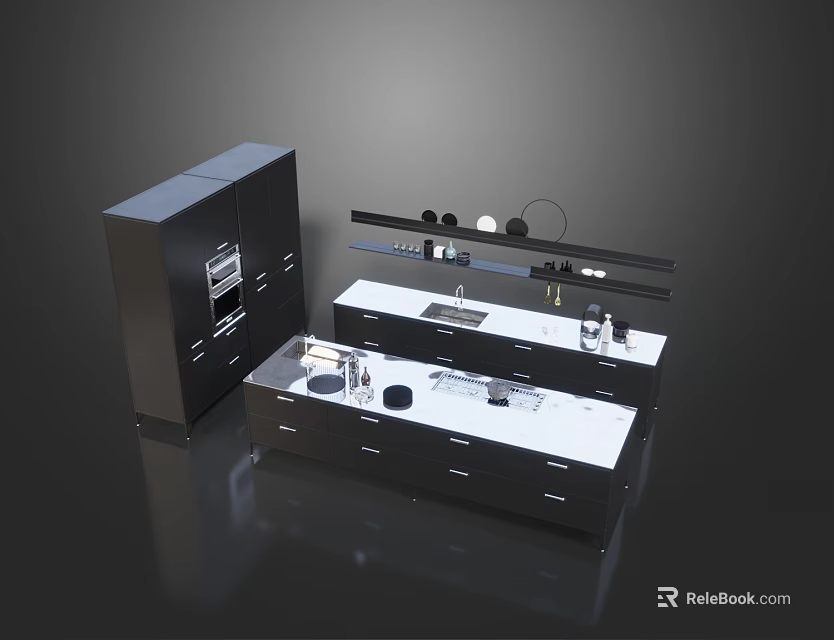 Modern Kitchen Interior Design With Stylish Cabinets And White Countertop 3d model 