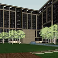Modern Multi Storey Office Building With Landscaped Lawn Trees And Pool Area