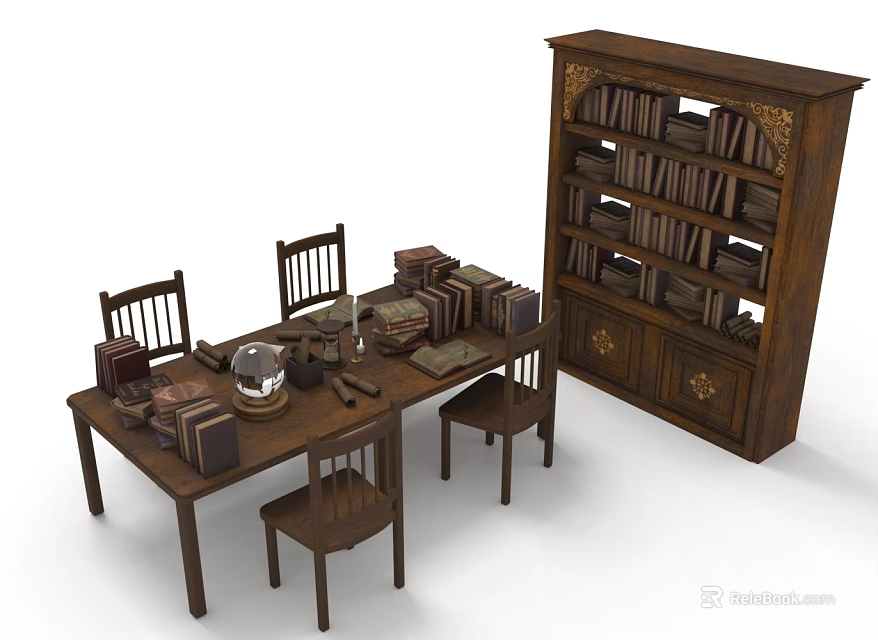Vintage Wooden Furniture Set With Dining Table Chairs Bookshelf And Books On Table 3d model 