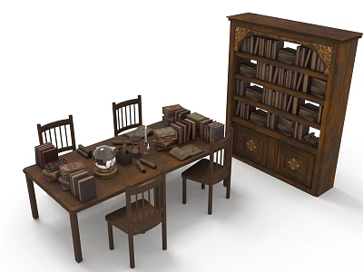 Vintage Wooden Furniture Set With Dining Table Chairs Bookshelf And Books On Table 3d model