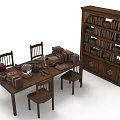 Vintage Wooden Furniture Set With Dining Table Chairs Bookshelf And Books On Table