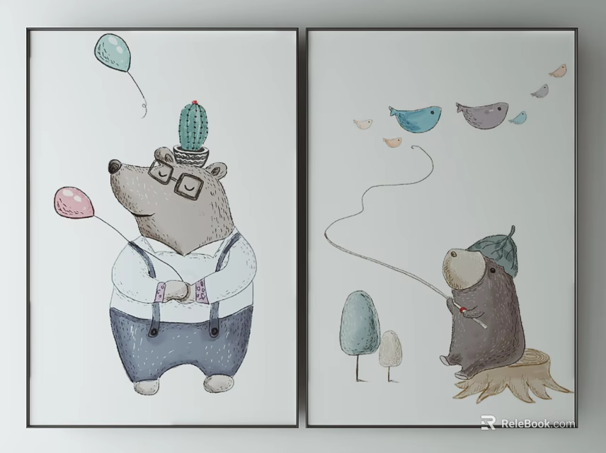 Cute Animal Paintings With Bear In Glasses Suspenders Balloons Beaver Fishing Stump And Birds 3d model 