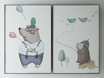 Cute Animal Paintings With Bear In Glasses Suspenders Balloons Beaver Fishing Stump And Birds 3d model