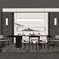 Modern Restaurant Interior With Open Layout Dining Table Chairs And Pendant Lights