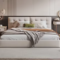 Double Bed With Upholstered Headboard Soft Pillows Plush Blanket Nightstand Round Mirror Hanging Pendant Lights