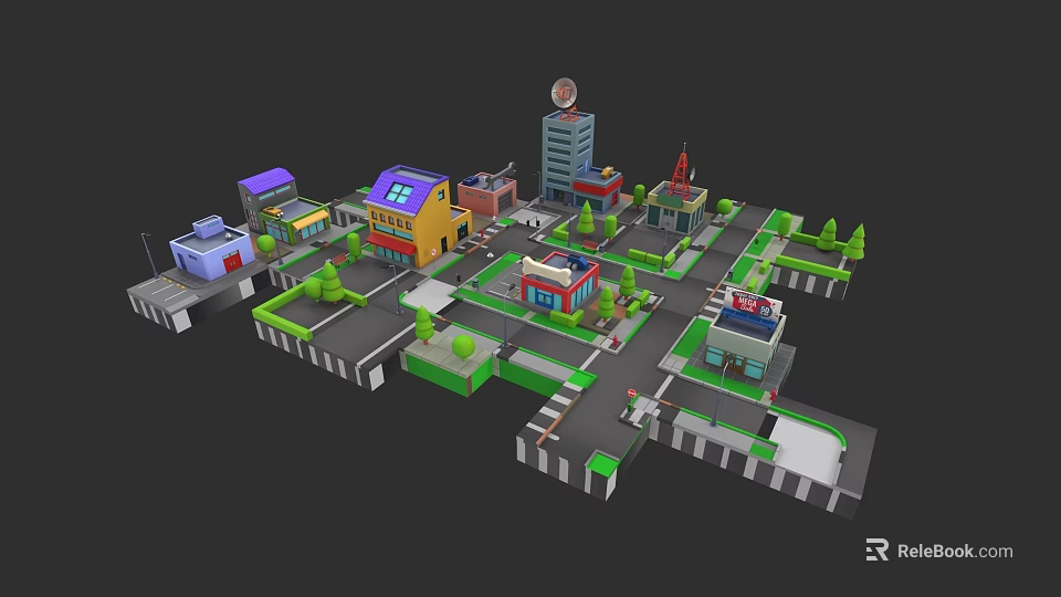 Colorful 3D City Building Complex With Various Buildings Roads And Green Trees 3d model 