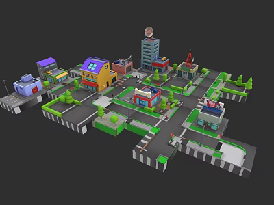 Colorful 3D City Building Complex With Various Buildings Roads And Green Trees 3d model