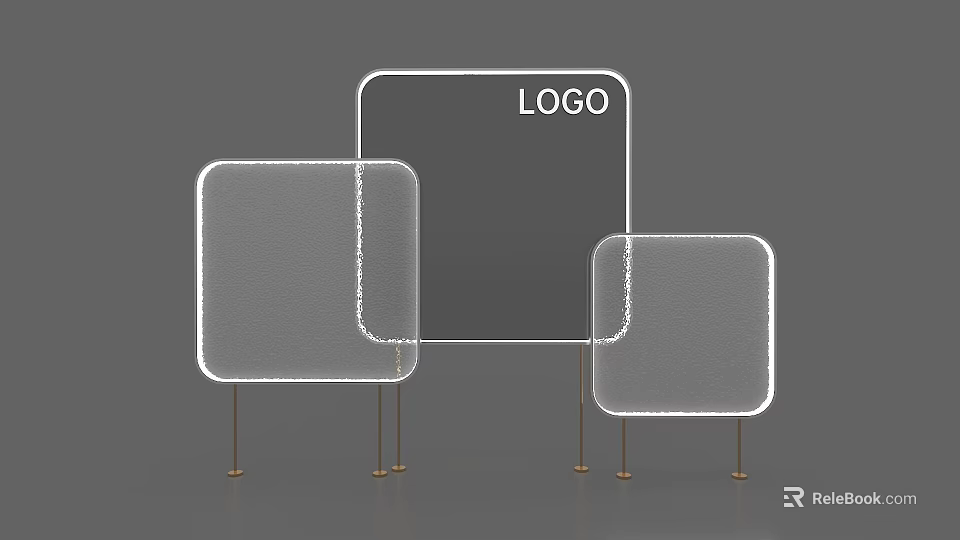 Transparent Square Display Islands With Golden Legs And Central LOGO On Larger Island 3d model 