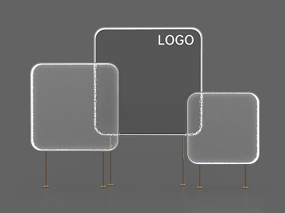 Transparent Square Display Islands With Golden Legs And Central LOGO On Larger Island 3d model