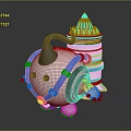 Cute Cartoon Character With Horn And Blue White Body Next To Purple Striped Tower Structure