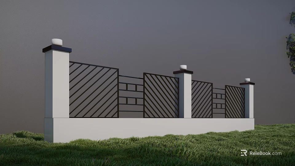 Modern Garden Feature Wall With White Pillars And Black Diagonal Patterns On Grass Lawn 3d model