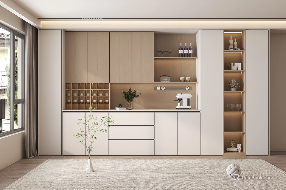 Modern Built in Wine Cabinet Interior With Wooden Shelves And Wine Bottles 3d model 