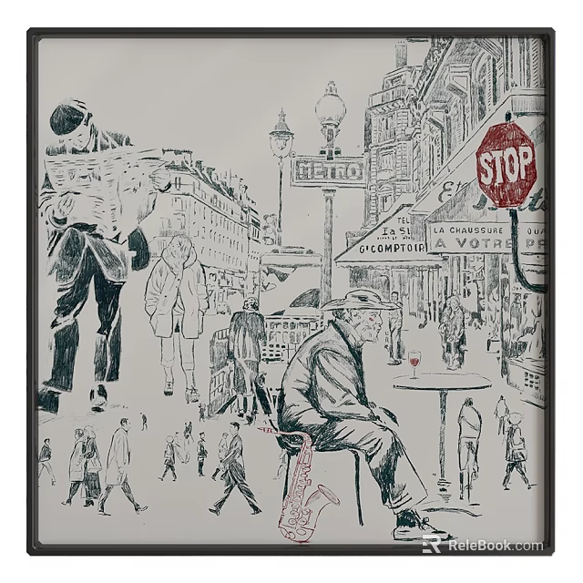 Urban Street Scene Black and White Sketch With Pedestrians Street Lamps and Cafe Signs 3d model 