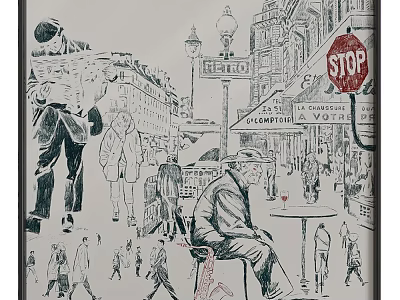 Urban Street Scene Black and White Sketch With Pedestrians Street Lamps and Cafe Signs 3d model