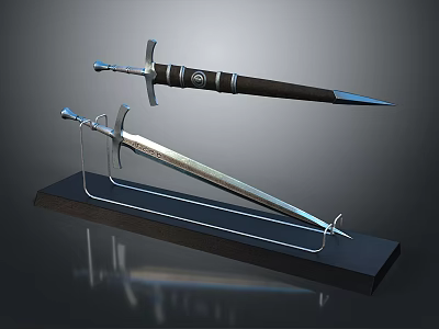 Two Decorative Swords On Display Stand With Metal Blades And Black Hilts 3d model