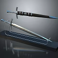Two Decorative Swords On Display Stand With Metal Blades And Black Hilts