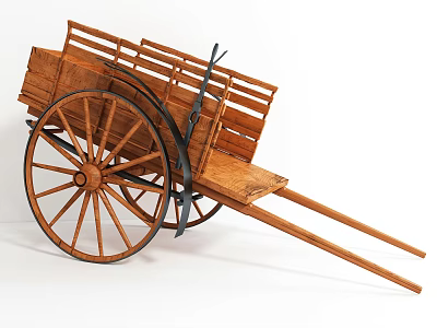 Wooden Cart Model With Large Spoked Wheels And Cargo Bed Shafts 3d model