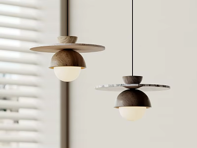 Modern Interior Wooden Pendant Lights With Marble Accents And Minimalist Round Shades 3d model