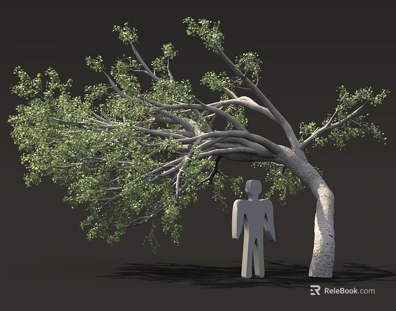Leaning Tree With Green Leaves And Gray Human Silhouette Under Its Branches 3d model 