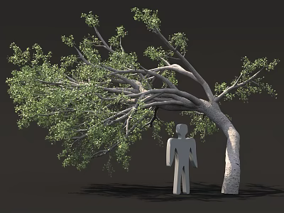 Leaning Tree With Green Leaves And Gray Human Silhouette Under Its Branches 3d model